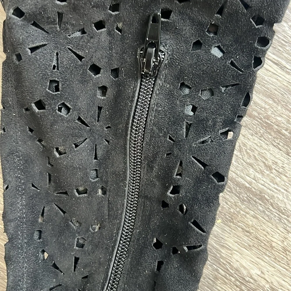 Jeffrey Campbell Black Suede Perforated Tall Boots Stiletto Heel 6.5